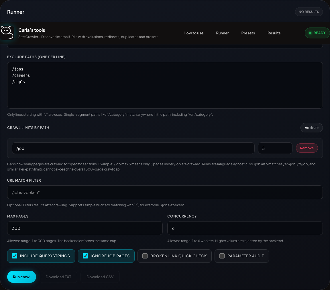 Cat Crawler runner form with URL, excludes, and options