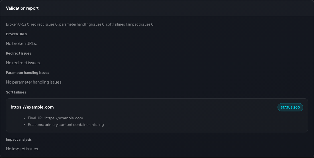 Cat Crawler soft failures section in the results area