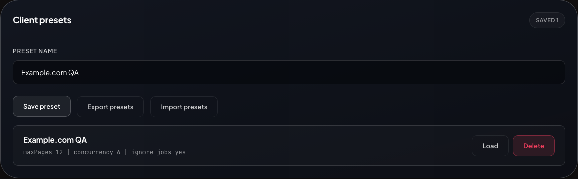 Cat Crawler client presets section with saved preset controls